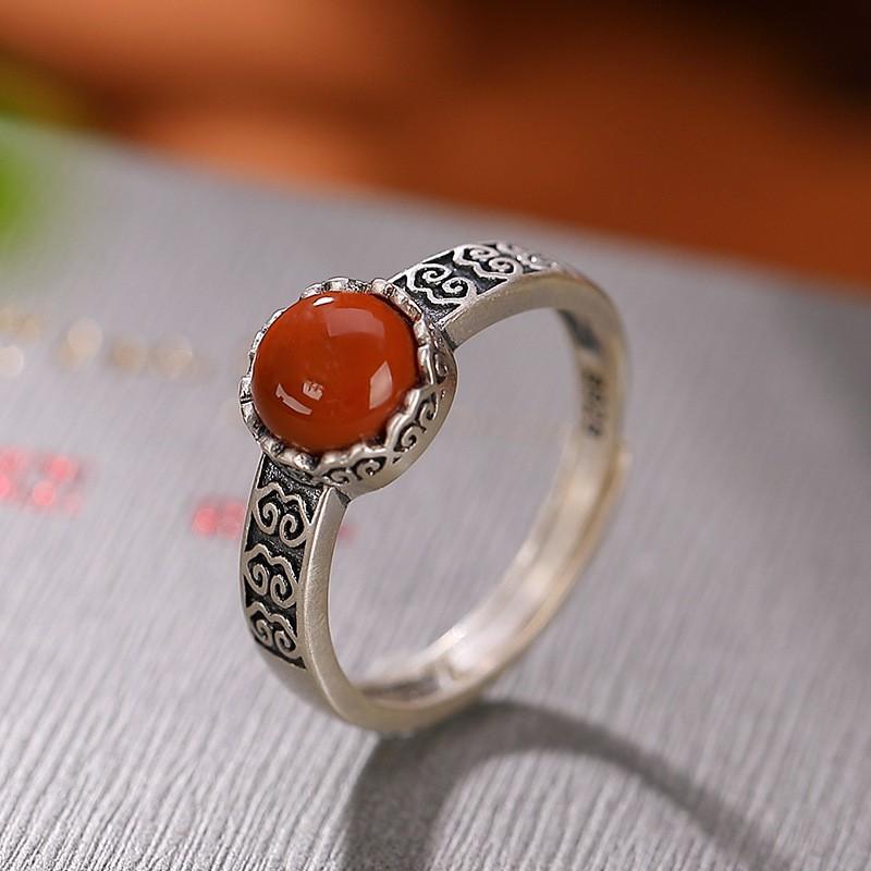 Adjustable Vintage Ethnic Style Red Agate Cloud Ruyi Ring Women Men Copper Jewelry With Retro Geometric Design