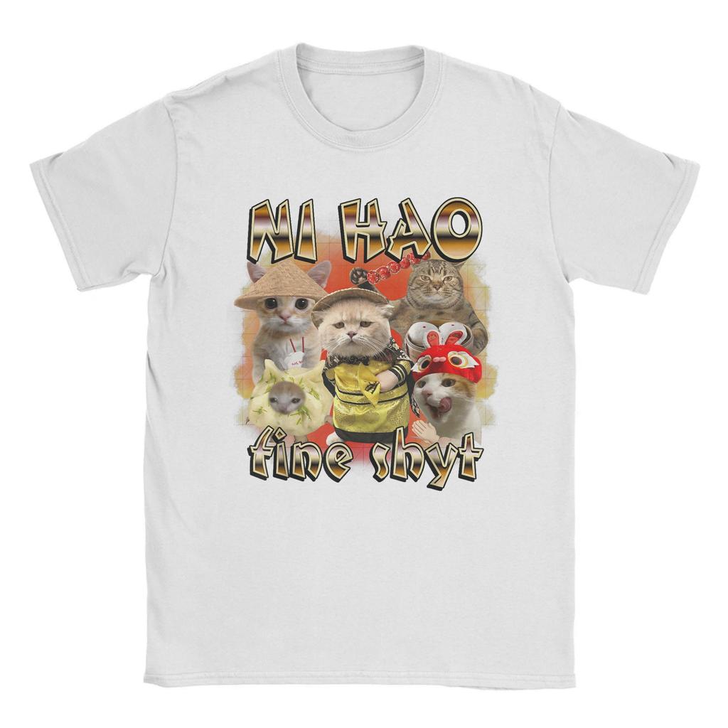 Men's T-Shirt Ni Hao Fine Shyt Funny Brainrot Meme Funny 100% Cotton Tee Shirt Short Sleeve Cute Cat T Shirts Clothing Graphic