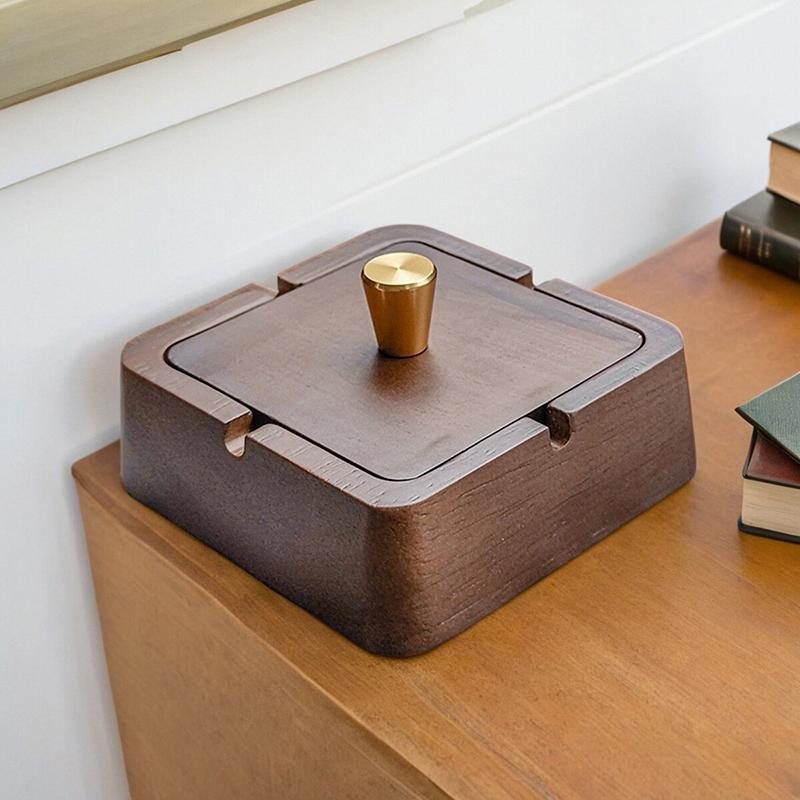 Square / Circle Natural Wood Ashtray With Lid Fireproof Iron Core Compact Size Suitable For Tea Tables And Desks Ash Tray Home