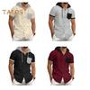 Men's Summer Hooded T-shirt Short Sleeved Button Down Tee with Chest Pocket Waffle Color Block Casual Hoodie T-shirt for Gym Street Wear