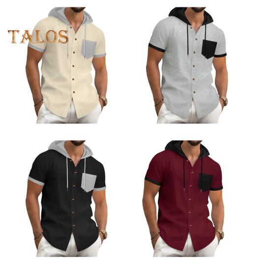 Men's Summer Hooded T-shirt Short Sleeved Button Down Tee with Chest Pocket Waffle Color Block Casual Hoodie T-shirt for Gym Street Wear