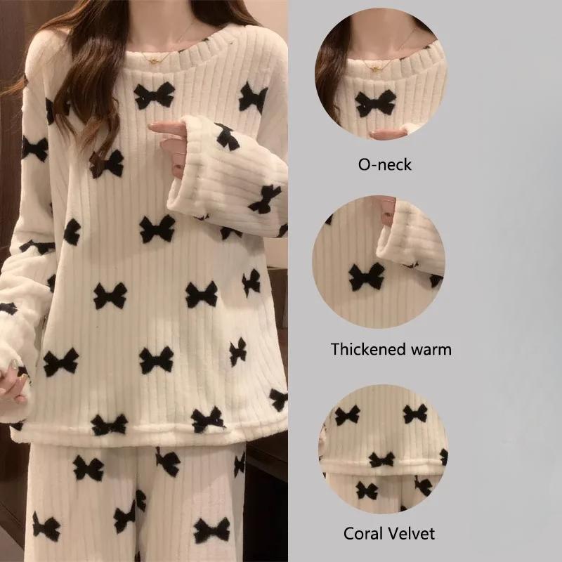 Thickened Warm Coral Velvet Pajamas Loungewear Female Autumn and Winter Long-Sleeved Bow Tie Padded Women's Nightwear Home Wear