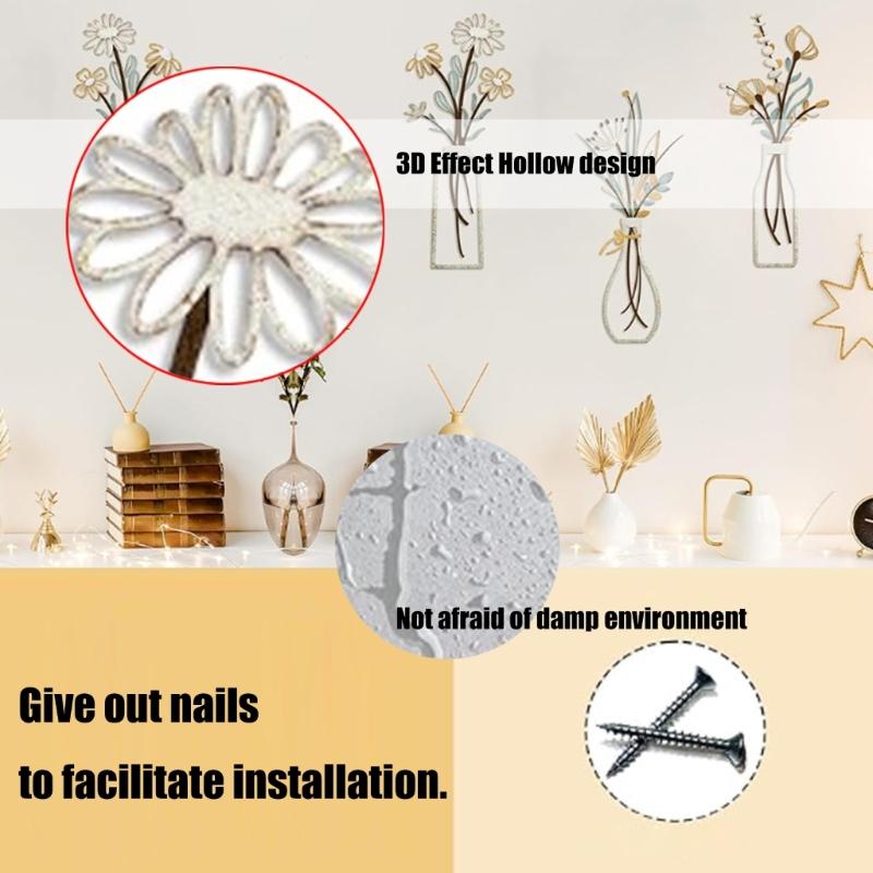 Set of 3 Metal Floral Wall Hangings Minimalists Flower Vases Line Art Wall Decors Sculptures for Living Room and Bedroom