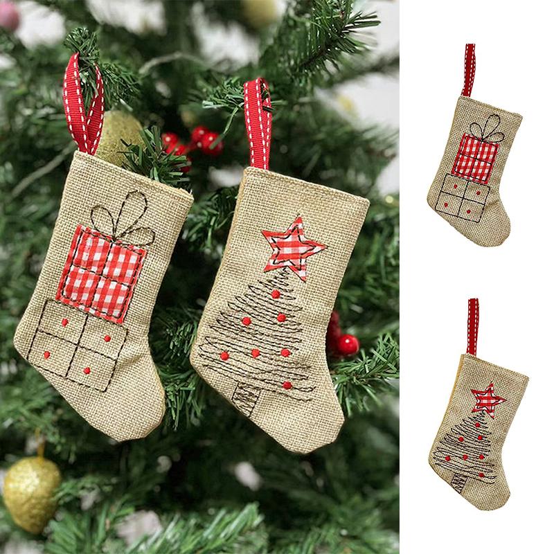 Home Decor Burlap Embroidery Christmas Stocking Hemp Christmas Socks Hanger Christmas Tree Hanging