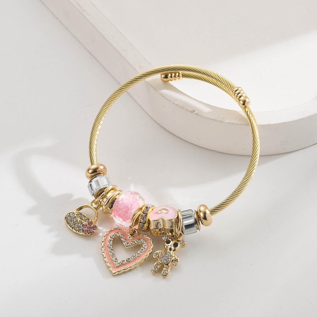 Edelstahl Perlen Bär Herz Anhänger Armband Verstellbar Vielseitiger Schmuck
