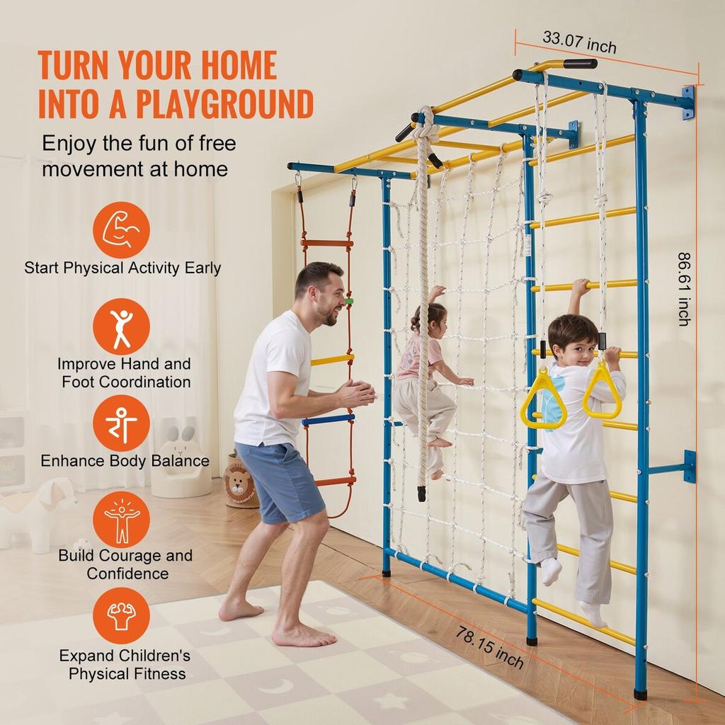Wall Gym for Kids 7 In 1 Steel Indoor Kids Gym for Exercise Climbing Toys