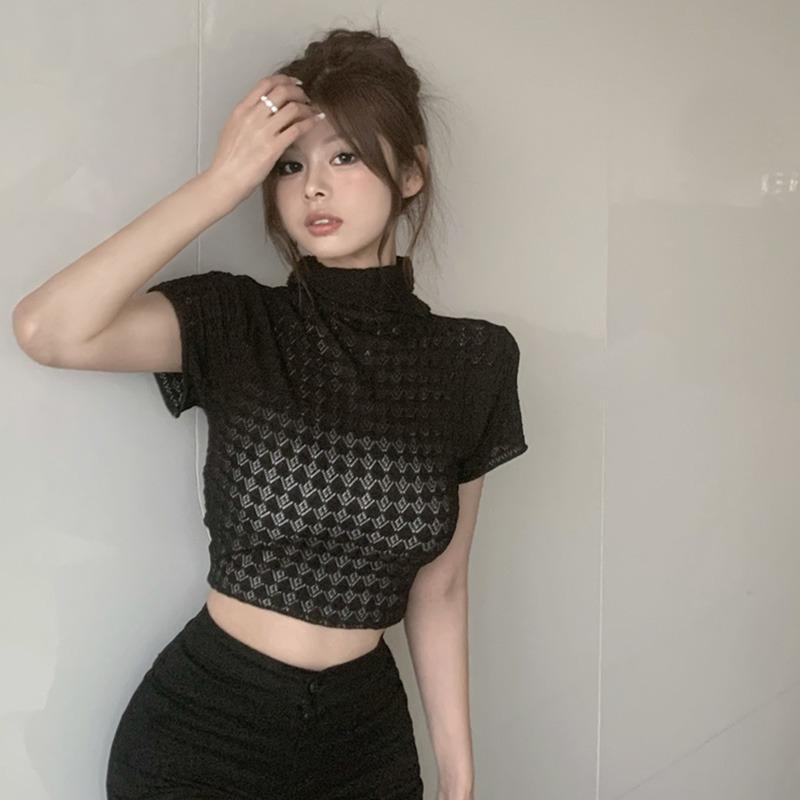 

Women High-Neck Knitted Short-Sleeved T-Shirt Summer New Korean Sweet Tight-Fitting Crop Tops