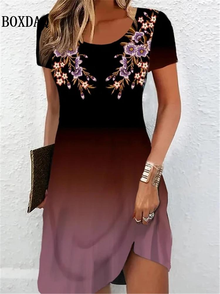Short Sleeve Summer Dresses Fashion Women's Plus Size Clothing New Women's Dresses Gradient Flower Printing Elegant Casual 2024