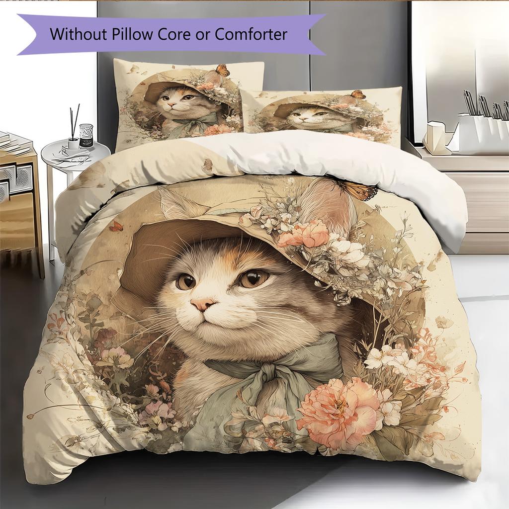 Set Copripiumino Trapuntato con Fantasia Gatto con Cappello Vintage Decorazione per la Casa Regalo (1 * copripiumino + 2 * federa, senza nucleo)