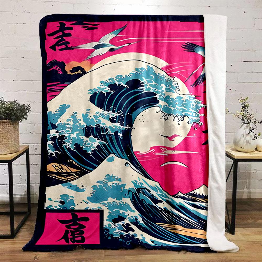 Retro Wave and Cranes Design Blanket Patterned flannel blanket perfect for the bedroom living room, sofa, or a little nap