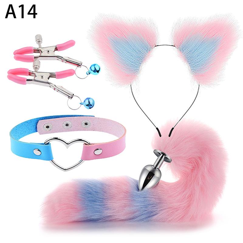 4Pcs Set Cute Fox Butt Tail Collar Anal Plug Nipple Clamp Soft Cat Ears Headbands Cosplay Adult Sex Toys Accessories