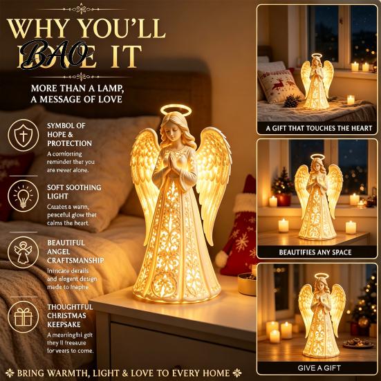 Elegant Shelf Display Piece Praying Angel Night Light, Resin Decorative Figurine with Warm LED Lights Religious Holiday Gift for Home Decor, Tabletop