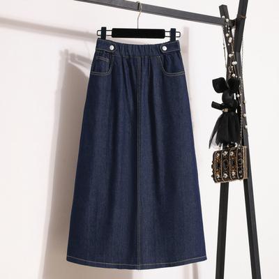 Women Summer Plus Size Solid Elastic Denim A-Line Skirts Elegant Blue Vintage Half-body Skirt