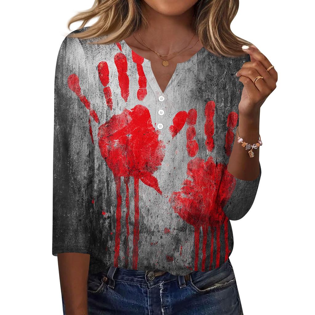 Women's Casual Halloween Print V Neck Button Front Three Quarter Sleeve T Shirt Top Lightweight Comfortable Fit for Everyday Wear