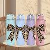 1PC Leopard Print Bow Ribbon Print 750ml Color Plastic Sports Water Bottle Leakproof Flip Straw Lid Suitable for Sports Office Home Use