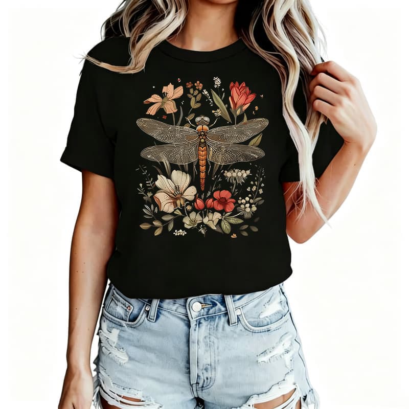 Dragonfly Floral Print Women's T-Shirt 100% Cotton Funny Graphic Short Sleeve Tee Novelty Shirt Casual Crew Neck Top S-5Xl