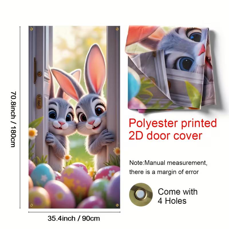 2D Easter Bunny Door Cover, Cute Peeking Rabbits & Eggs Home Decoration