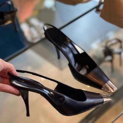 Fashion Leather Women Pumps Fashion Metal Square Toe High Heels Office Lady Shoes Spring Summer Slingback Female Shoes