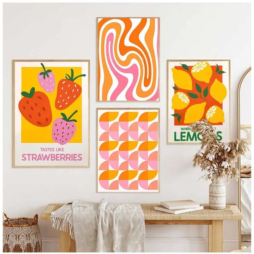 Pink Strawberry Lemon Card Cocktails Drink Posters Retro Canvas Painting Living Room Corridor Wall Art Picture Kitchen Bar Decor