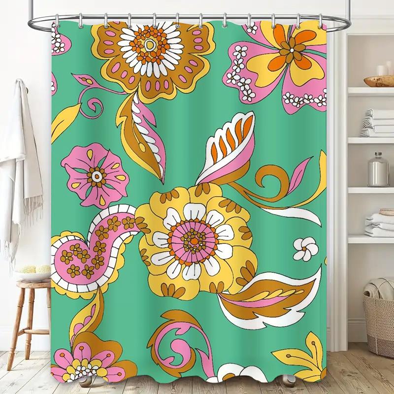 Bright Floral Print Shower Curtain Waterproof Home Decor 3D Polyester Bathroom Decor Modern Flower Design Bath Mat Liner Decorat