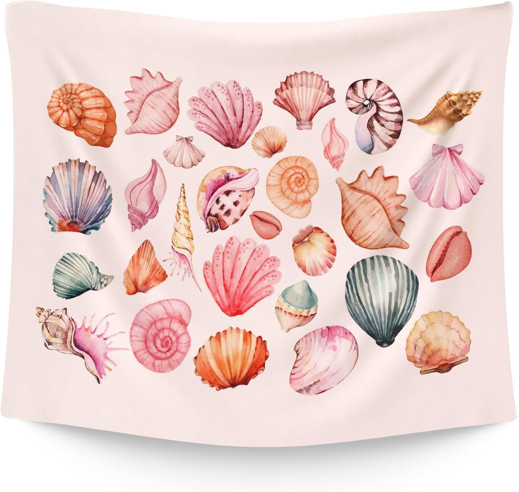 Pink Beach Coastal Tapestry Wall Hanging for Bedroom,Ocean Seashell Wall Tapestries, Pink Beach Coastal Walls Hanging Room Decor