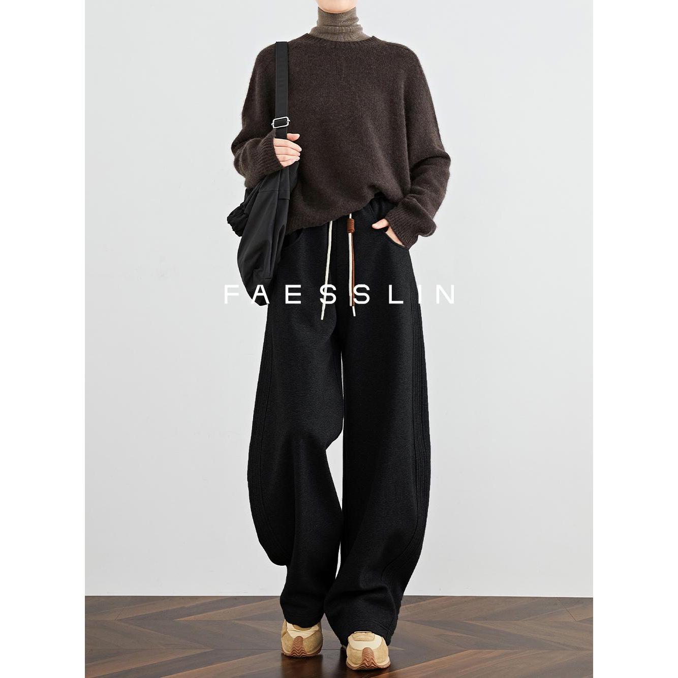 

Fleece-Lined Winter Gray Wide-Leg Casual Pants Medium