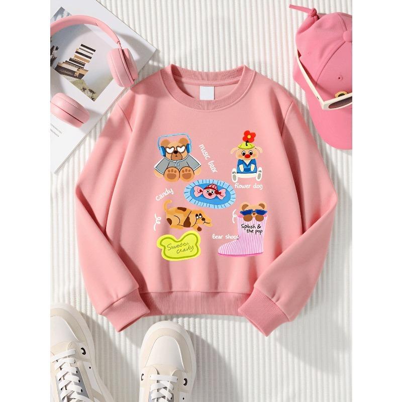 European Sizes Girls Soft Crewneck Sweatshirt Cute Animal Characters with Fun Accessories & Print, Casual All-Match, Ideal Holiday Present