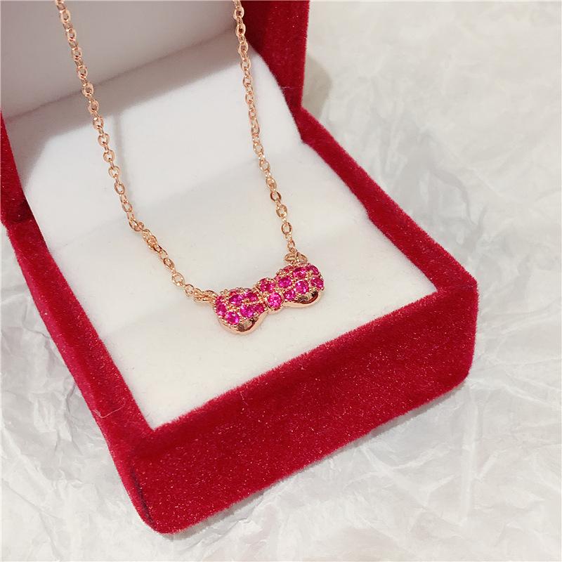 

Girl pink zircon full diamond bow pendant, niche design temperament collarbone chain necklace for women