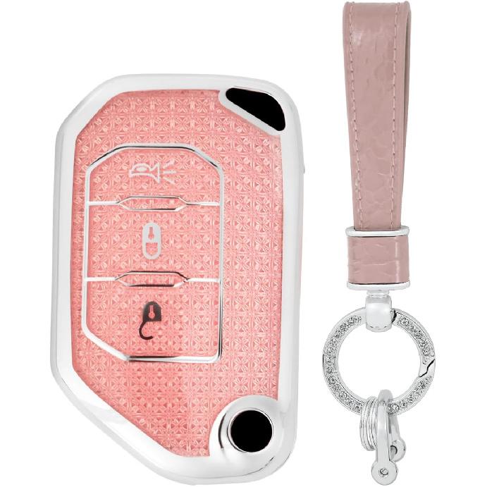

for Jeep TPU Bling Key Fob Cover Fit for Jeep Wrangler 2025 JL JLU Rubicon Wagoneer Gladiator 2024 JT Sahara Keychain Enchanting Diamond Patterns 3 Button Pink