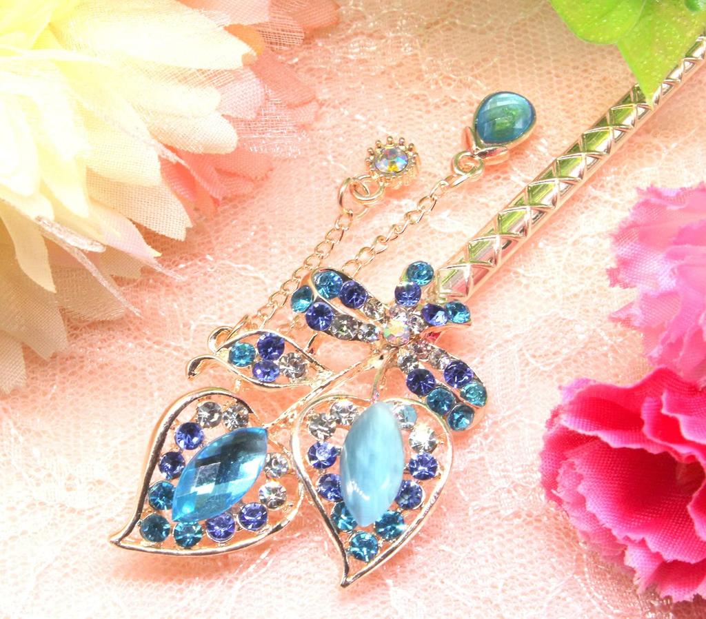 Miaomyao Single Hair Ornament for Kimono and Tulip Flower and Ribbon Pink Gold Hairpin, Tomesode, Metal, Pair, Couples, Motif, (Blue)