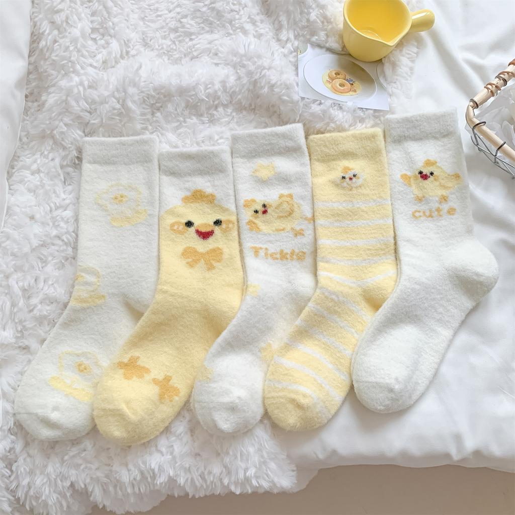 Autumn and Winter Thicken Warm Women Socks Cute Cartoon Chick Fleece Medium Tube Socks Japanese Kawaii Thermal Home Floor Socks