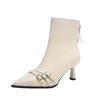 Soft Leather Pointed Middle Heel Boots Women's Autumn and Winter New High-end Thin Heel Boots Belt Buckle Elastic Fleece Thin Boots