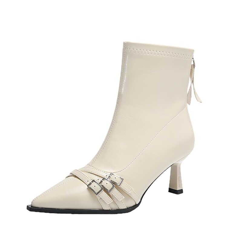 Soft Leather Pointed Middle Heel Boots Women's Autumn and Winter New High-end Thin Heel Boots Belt Buckle Elastic Fleece Thin Boots