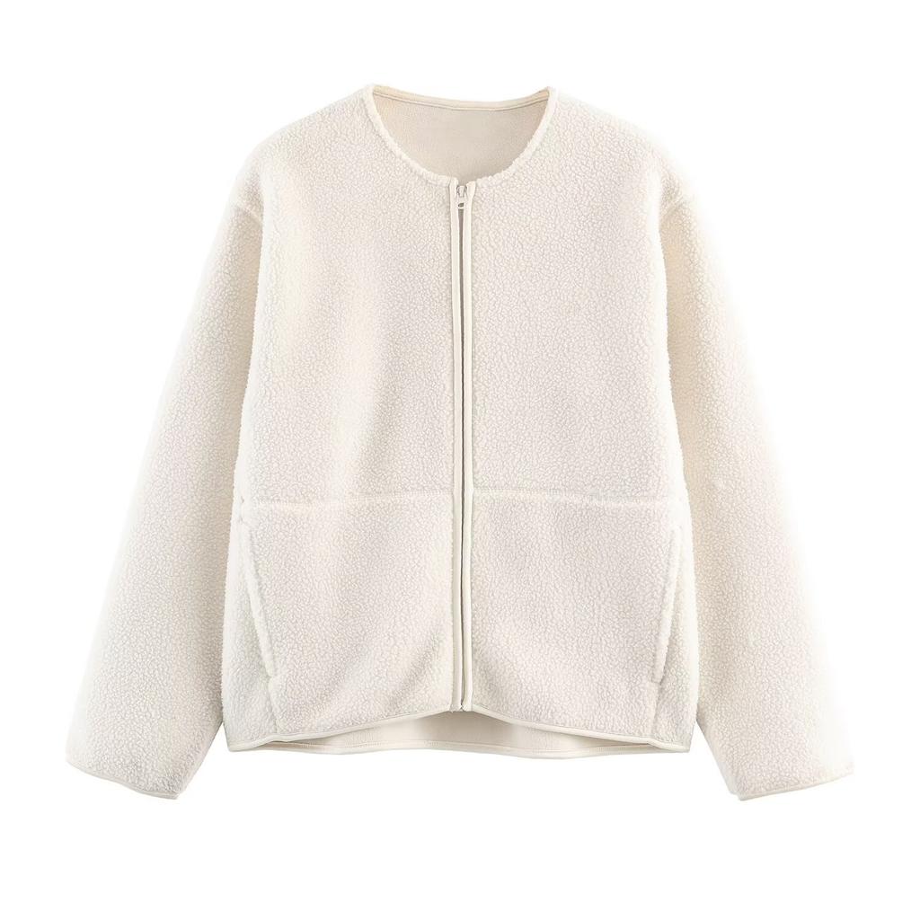 European and American style, new women's clothing, fashionable and casual spring round neck zipper fleece cardigan jacket