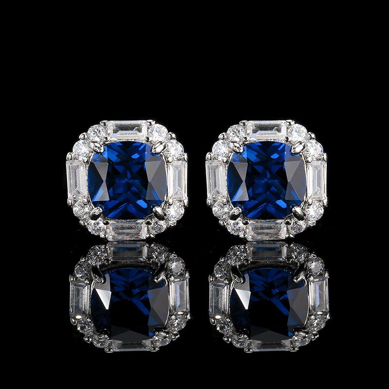 Jewelry Copper Bottom Gold-Plated Simulation Blue Pointed Crystal Fat Square Simple Style Jewelry Set Female 8 * 8