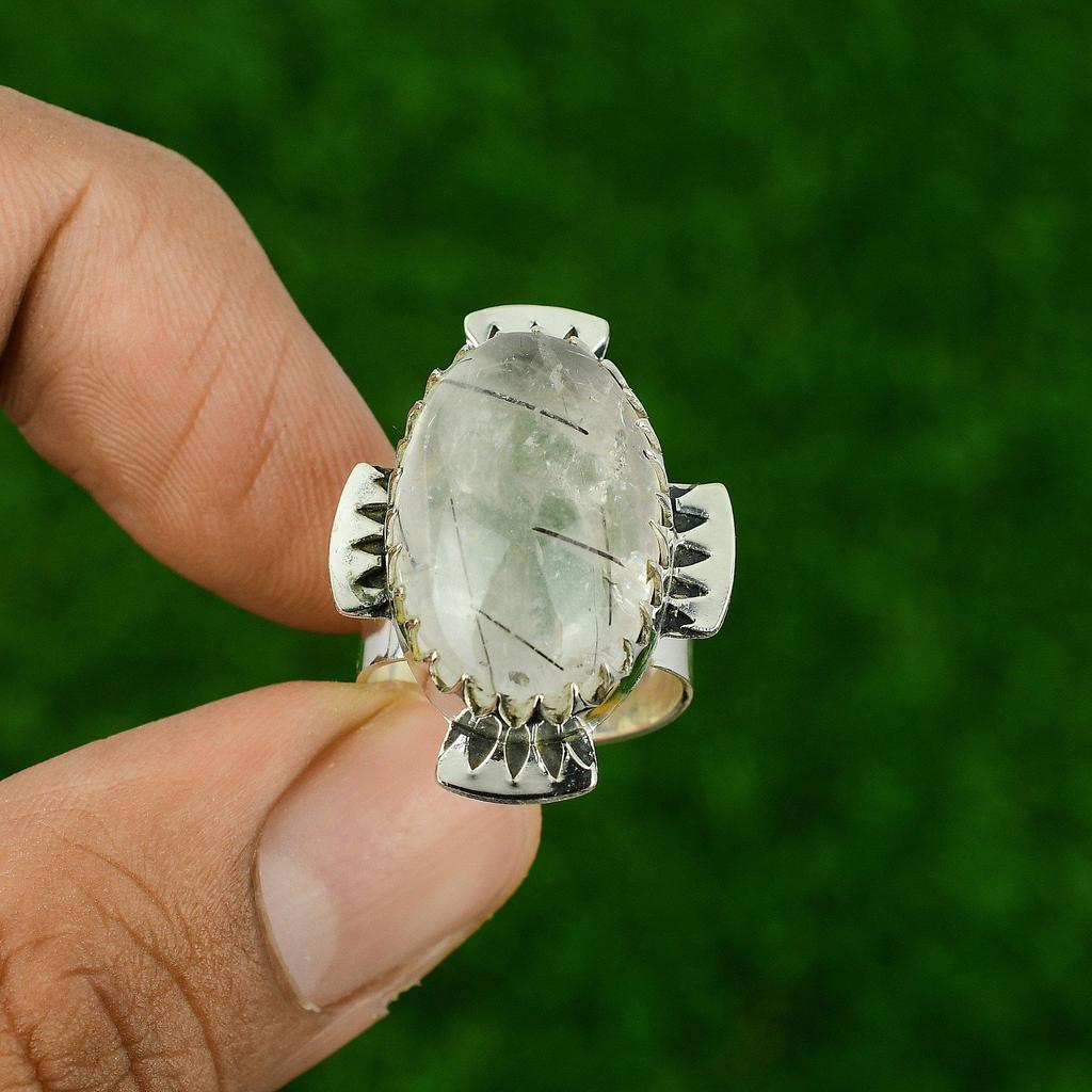 Black Rutile Stone 925 Sterling Silver Promise Bezel Stackable New Ring Size 7