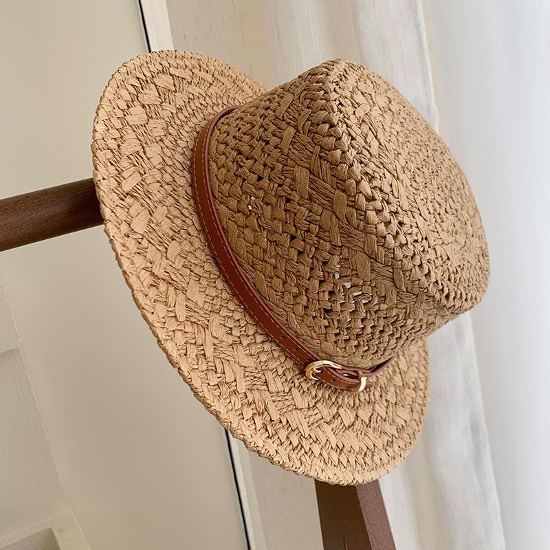 New Summer British Vintage Flat Brim Straw Hat for Women - Hollow Breathable UV Protection Sun Cap,Hand Woven Beach Vacation Hat