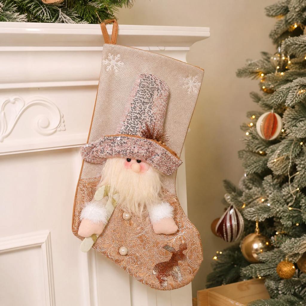 Beige Sequin Christmas Stocking Candy Gift Bag for Christmas Tree Window Hanging Ornament Holiday Decor