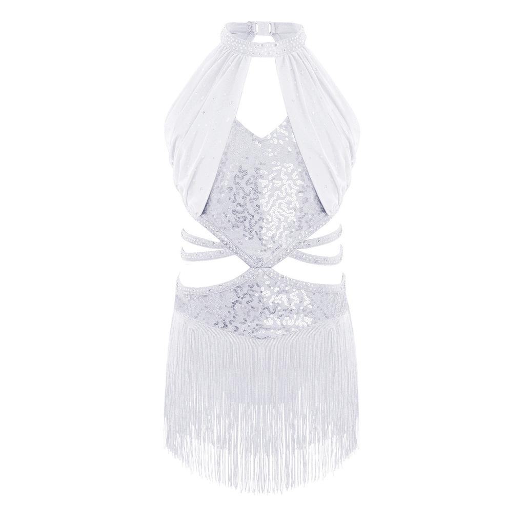 Dziewczęca Sukienka do Tańca Latynoamerykańskiego Bez Rękawów Marszczona Siateczkowa Góra Wycięcie w Talii Paski Błyszczące Frędzle Cyrkonie Płatki Sequins Body