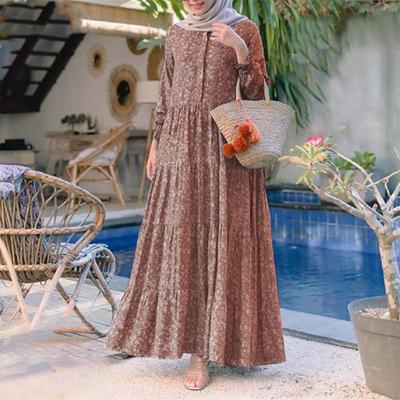 Women Fall Casual Loose Floral Print Muslim Dress Vintage Plus Size Round Neckline Hemline Dress