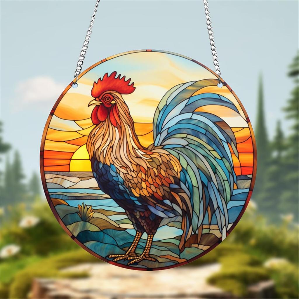 Rooster Sunrise Stained Window Hanging Indoor Outdoor Stained Suncatchers for Window Acrylic Panels Kitchen Bedroom Garden Wall Art Decoration Gifts
