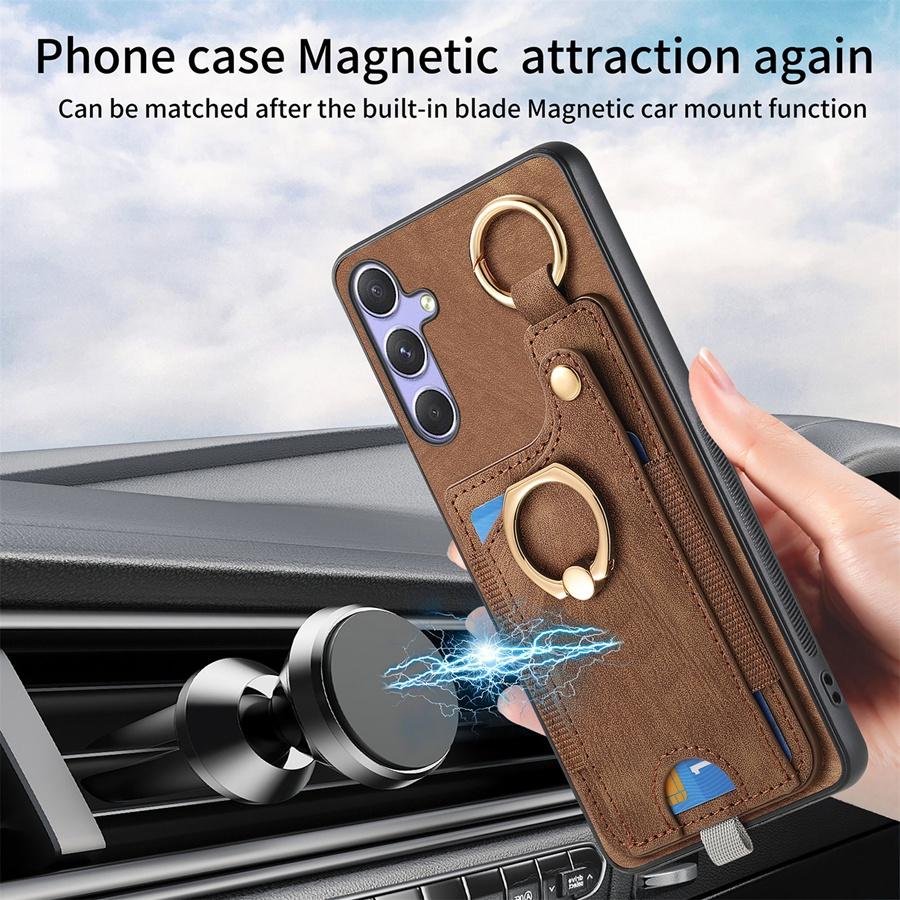 Dönebilen Yüzük Standlı Tutucu Telefon Kılıfı Kart Tutucu ve Manyetik Araç Montajı ile iPhone Samsung Xiaomi Google için Deri Telefon Kılıfı