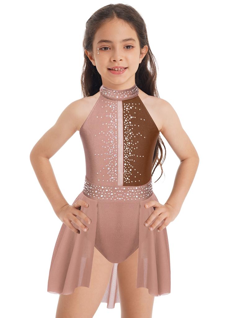 Dívčí bruslařské trikotové šaty Dětské šaty bez rukávů Patchwork Styl Nepravidelný lem Lyrické taneční šaty