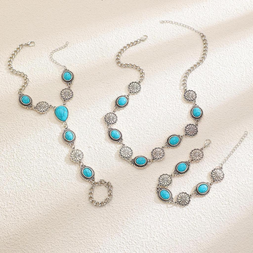 Retro Bohemian Ethnic Jewelry Set: Oval Floral Turquoise Necklace, Bracelet & Ring