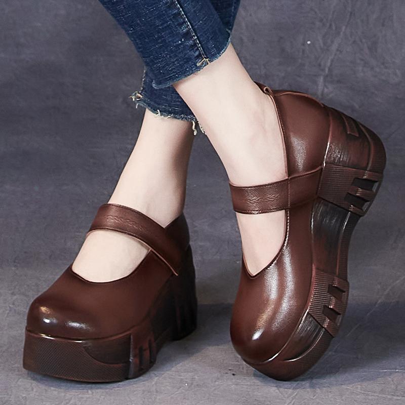 Móda GKTINOO 2024 Jaro Retro Dámské Boty z Pravé Kůže 7CM Klínky Podpatky Boty Silná Podrážka Ležérní Dámské Platformy