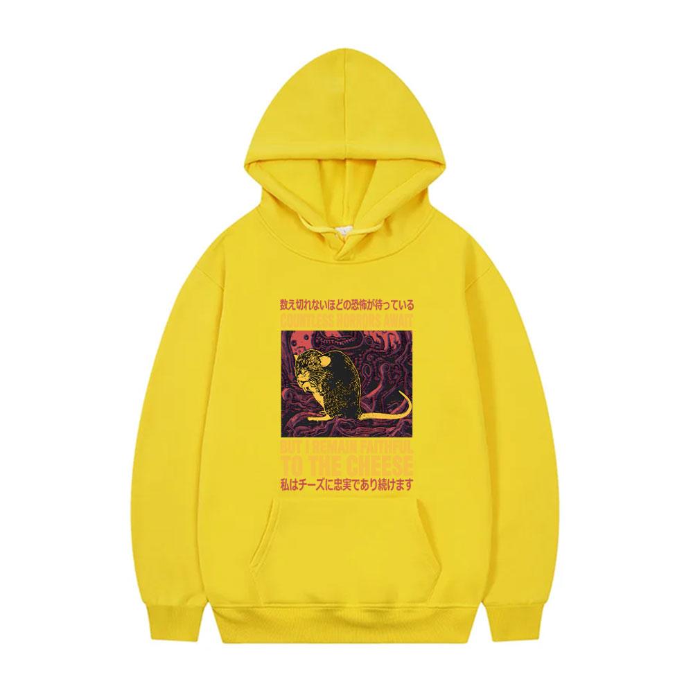 Countless Horrors Await But I Remain Faithful To The Cheese Hoodie Funny Japanese Rat Print Tracksuit Men Hoodies