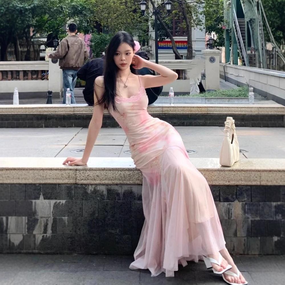 French pink floral mesh suspender dress women's summer seaside vacation slim waist long skirt