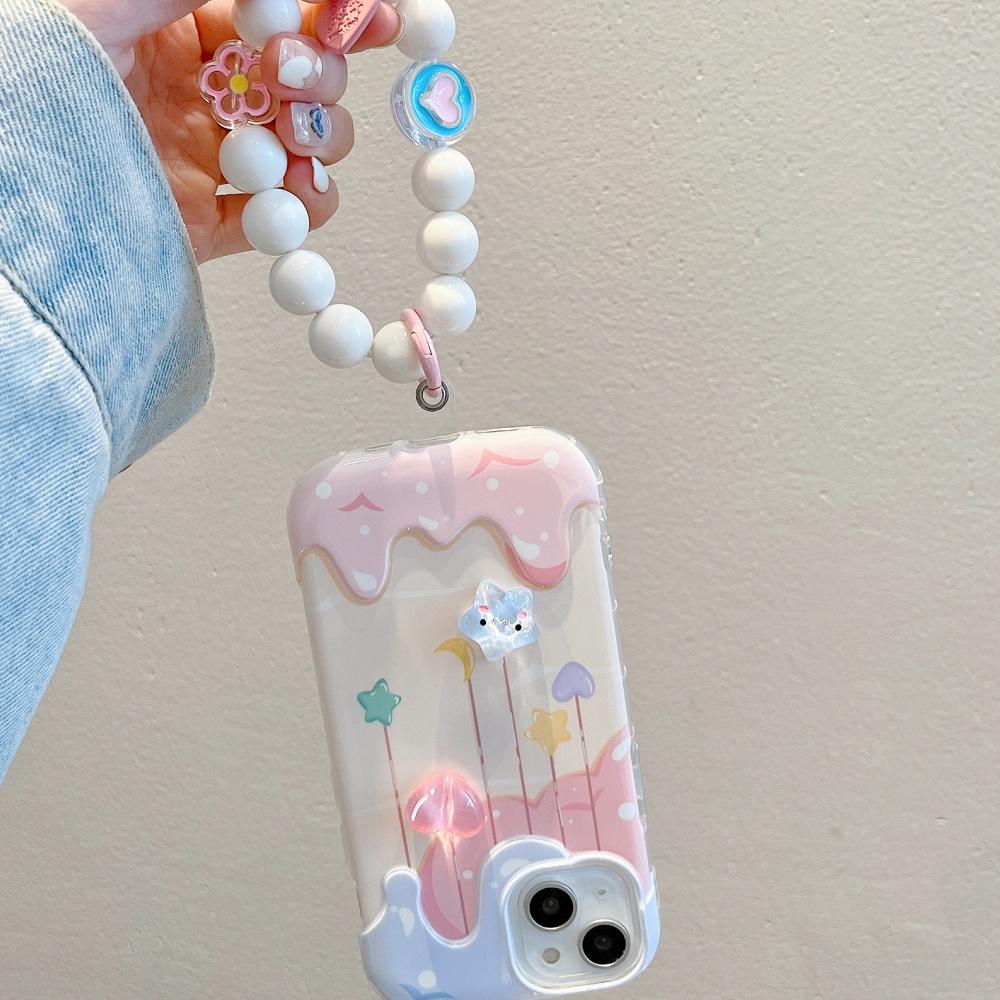 Cartoon 3D Heart Star Ice Cream Bead Strap Phone Case For iPhone 15 13 14 12 11 Pro Max Plus INS Lovely Soft Silicone Back Cover