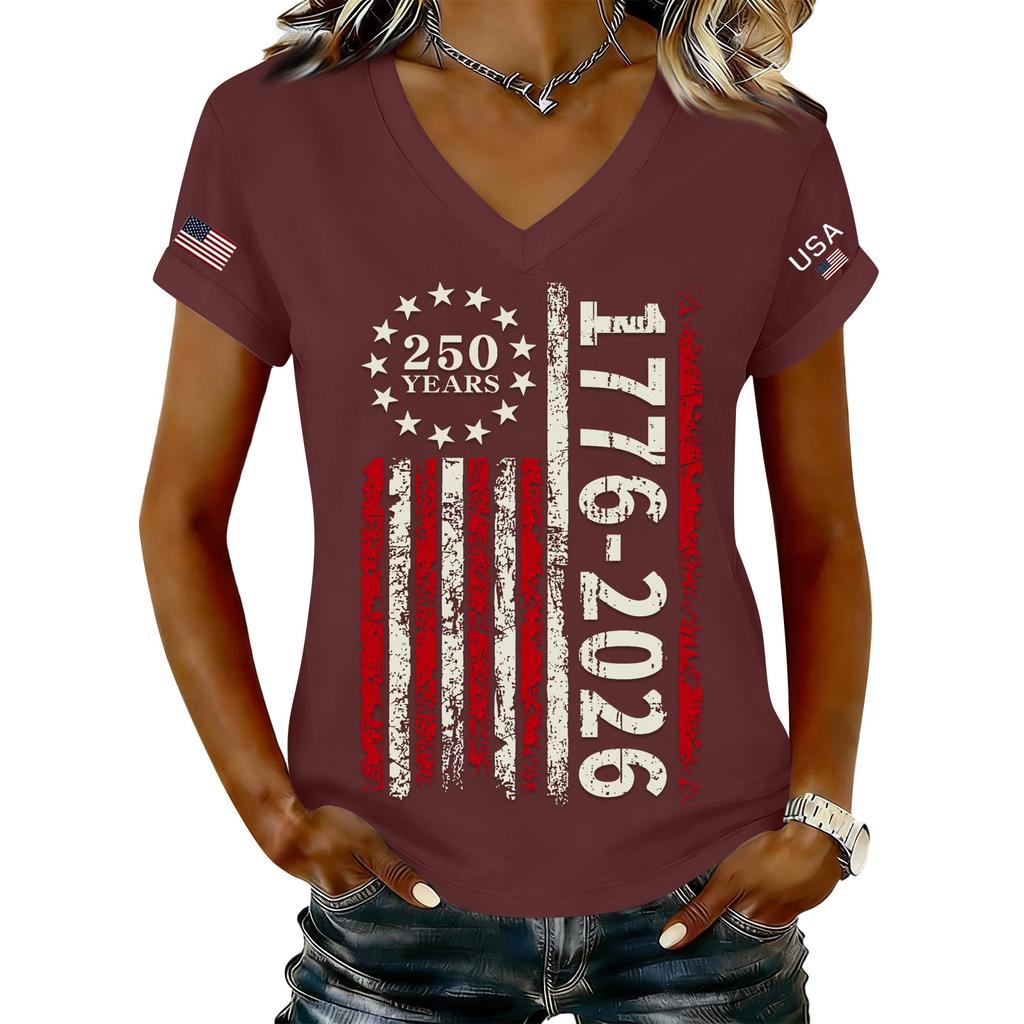 Women's Fashionable V-Neck Casual Retro Print Short Sleeved T-shirt Top