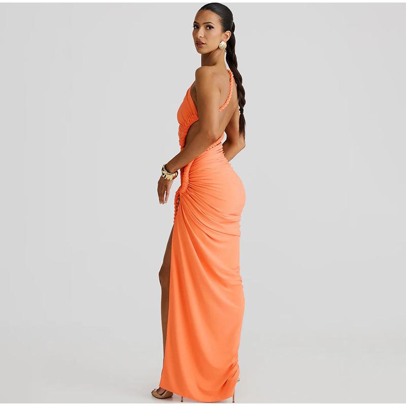 Mode Asymmetrische Geraffte Backless Hohe Split Lange Kleid Frau Sexy Slant Schulter Hanf Seil Aushöhlen Sommer Urlaub Kleider